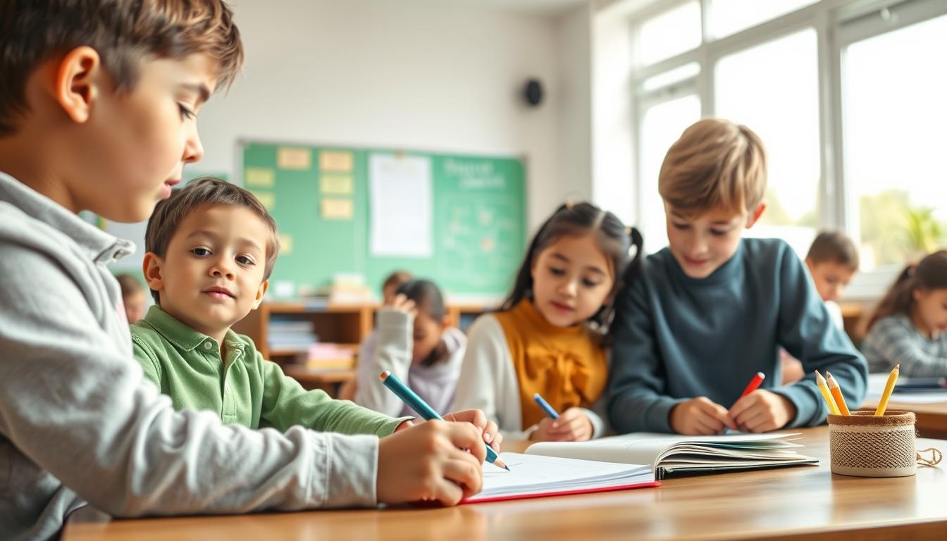 Students studying together in modern classroom